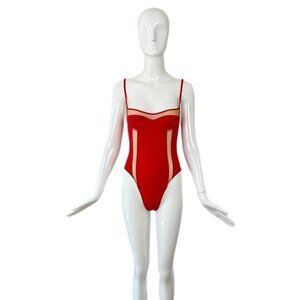 HERVE LEGER 90's Vintage Red Sheer High Cut Swimsuit Bathing Suit One Piece